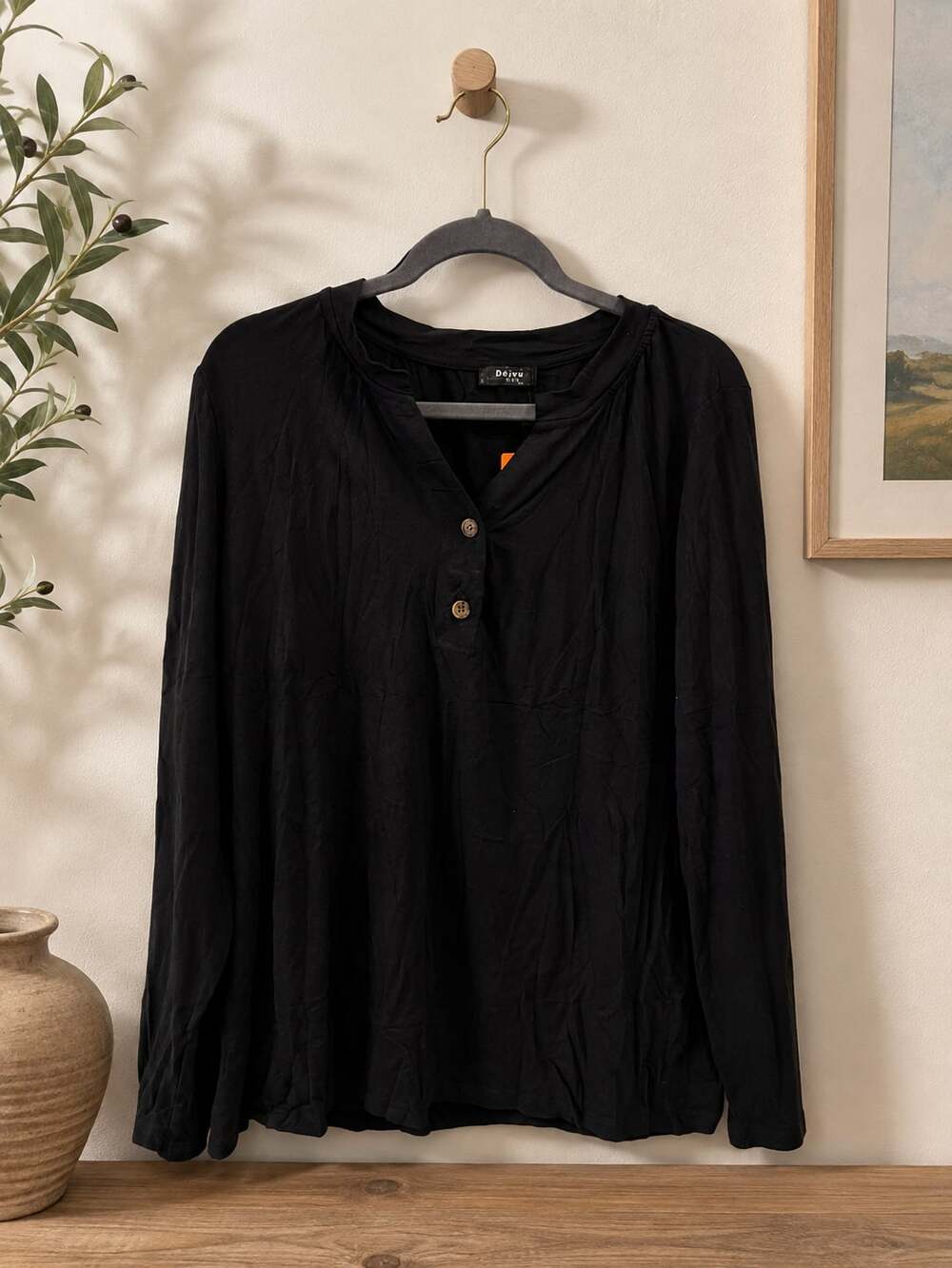 NWT DERAX Long Sleeve Henley Top - Black - 2XL